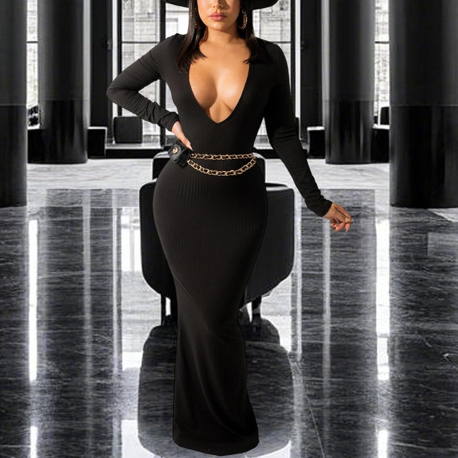 Women's Casual Long Sleeves Bodycon Maxi Dress Plus Size Sexy Deep V Neck Club Night Party Sweater Ribbed Long Dresses - Image 3