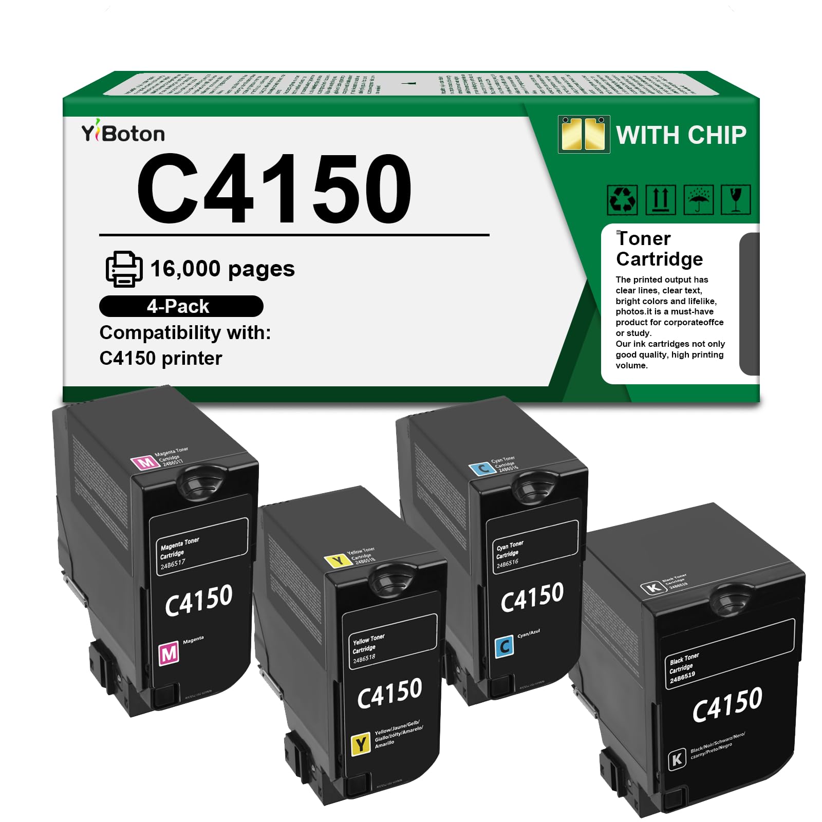 High Yield C4150 Toner Cartridge 24B6516 24B6517 24B6518 24B6519 4-Pack | Compatible with Lexmark C4150 Printer,C4150 Black Cyan Magenta Yellow toner cartridge with Chip