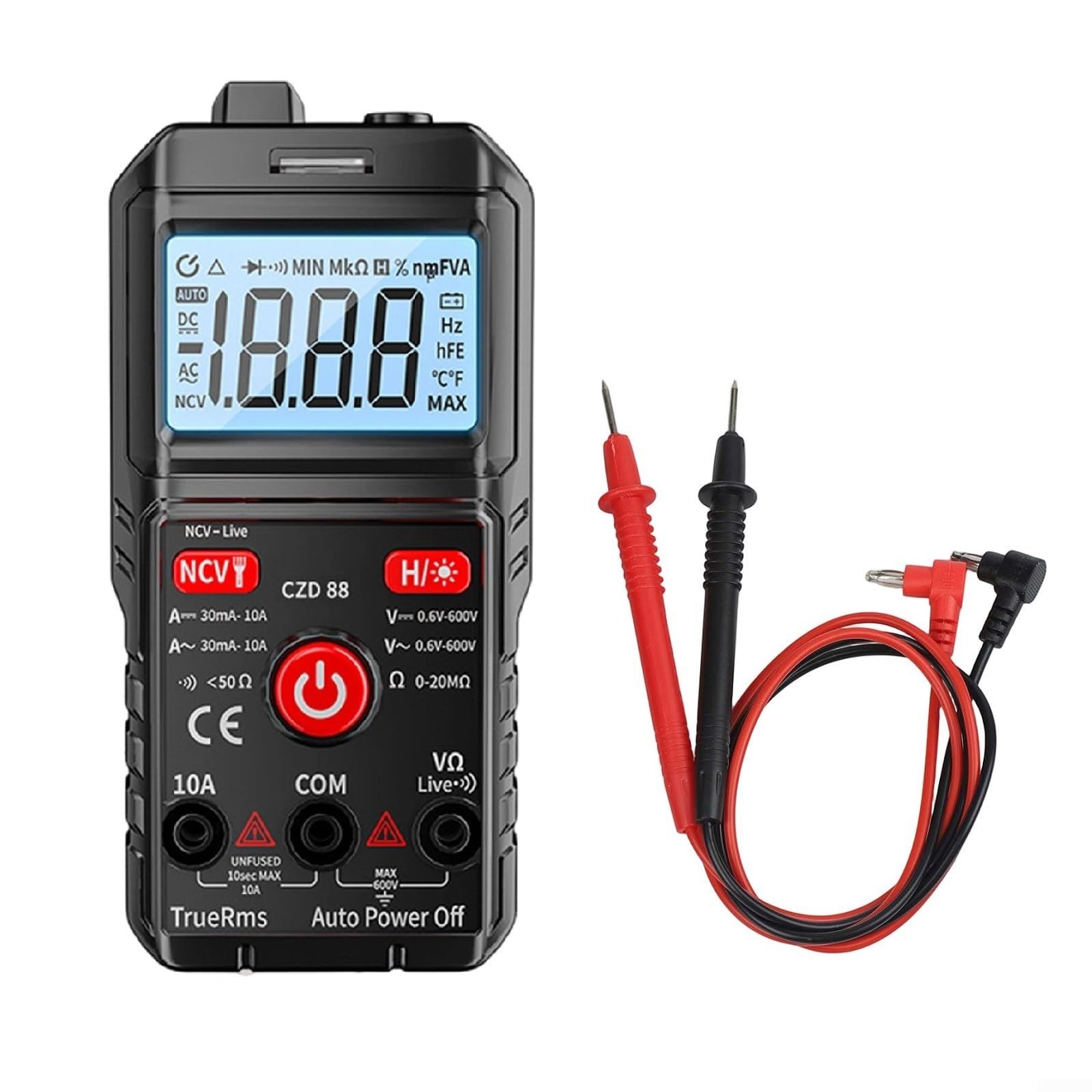CZD88 Smart Digital Multimeter with Auto-Ranging, NCV Detection & Backlit LCD — 600V AC/DC Voltage, 10A Current, Continuity Buzzer, for Electricians and DIY Users