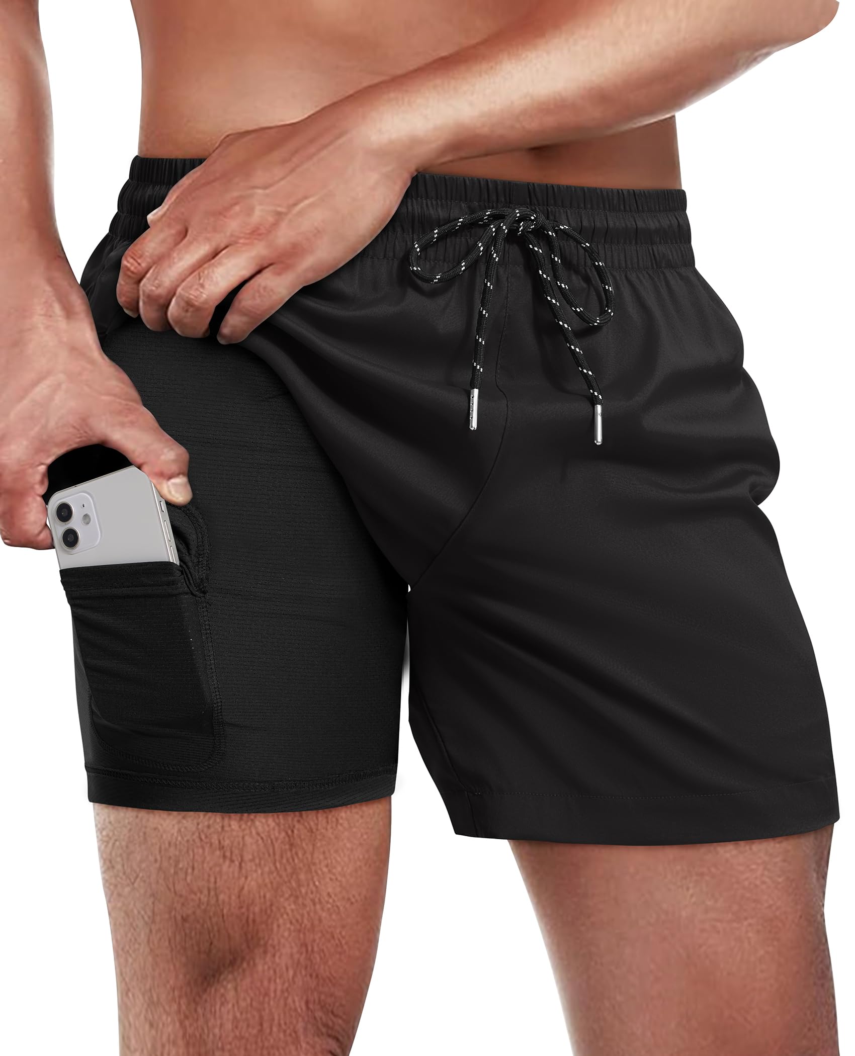 5inch Mens Swim Trunks: 2 in 1 with Compression Liner Lined Soft Stretch Quick Dry Solid Pockets Drawstring Beach-image-45