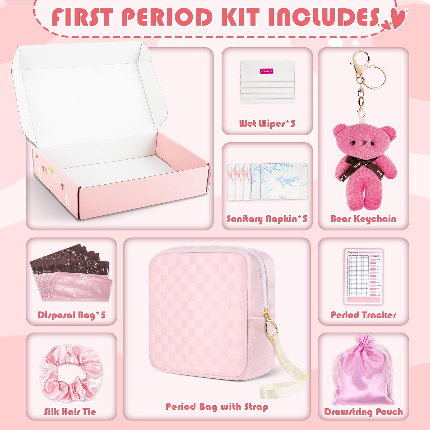 Likesing First Period Kit for Girls, 5.3" Checkered Tampon Holder for Purse, Menstrual Starter Tampon Bag Pad Pouch, Emergency Sanitary Napkin Storage Bag Teen Period Kit Gifts for Tweens