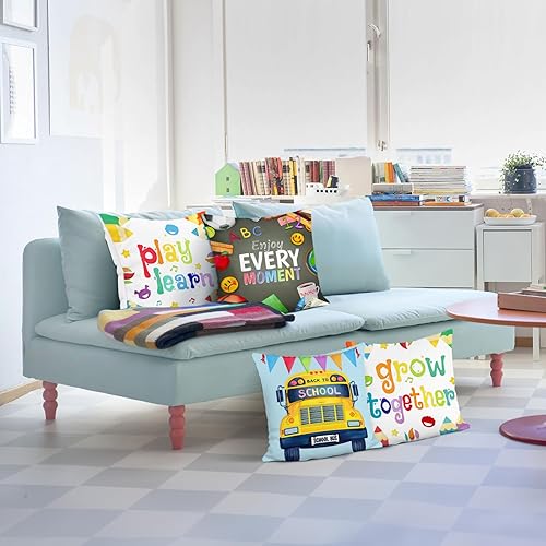 Miniatura 2 de Bonhause Juego de 4 fundas de almohada de regreso a clases, 18 x 18 pulgadas, lápices de autobús escolar, fundas de almohada coloridas para niños,