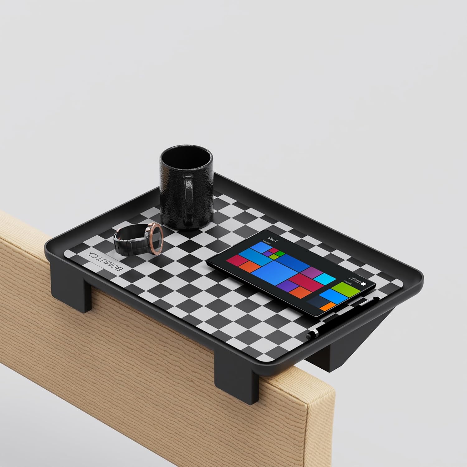 Bedside Shelf for Dorm Bunk Bed/Top Bunk - Clip-on Floating Tray No Drilling, Black & White Grid Checkerboard with Non-Slip Pad, College Essentials with Cable Catch, Loft Nightstand Storage