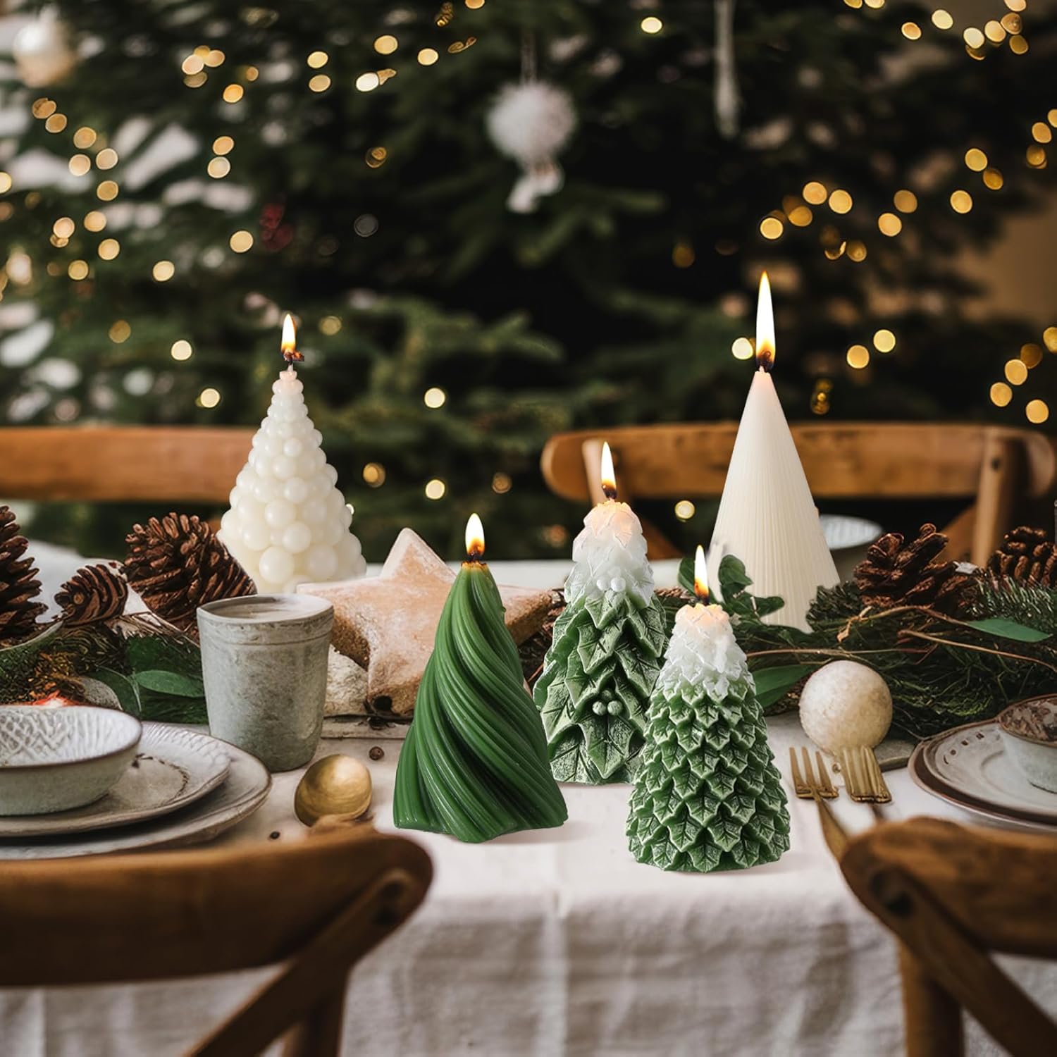 Conelist 5 Pcs Christmas Tree Shaped Candles 3 x 4.7 Inch Large Wax Scented Soy Candle White Green Swirl Snowy Cedar Tree Design Christmas Table Decorations Indoor for Xmas Holiday Birthday Gifts