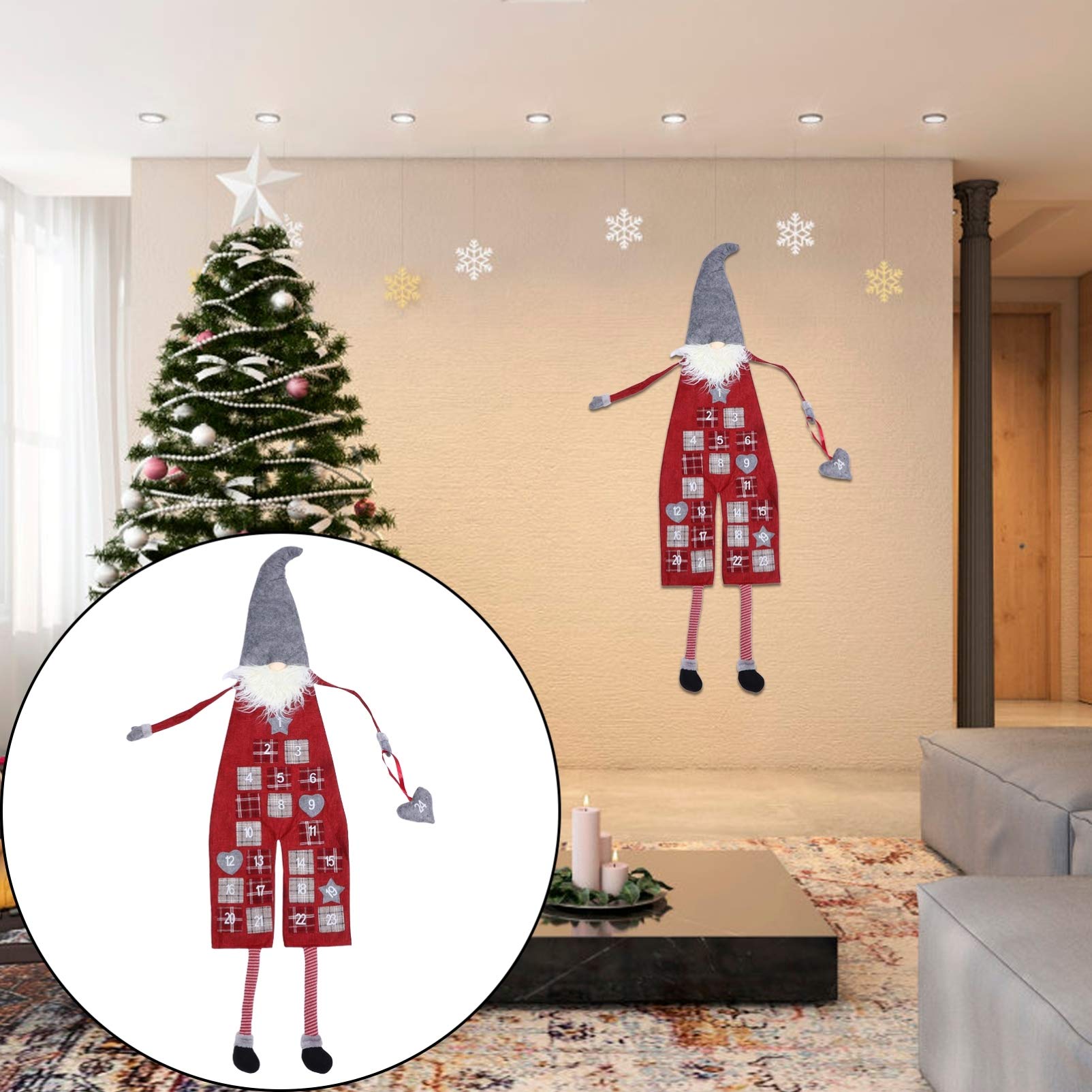 LABRIMP Calendario Avvento Folletti Natalizi in Lino Lana Artificiale, Decorazione Appesa Rosso per Festa di Natale e Conto alla Rovescia Festivo
