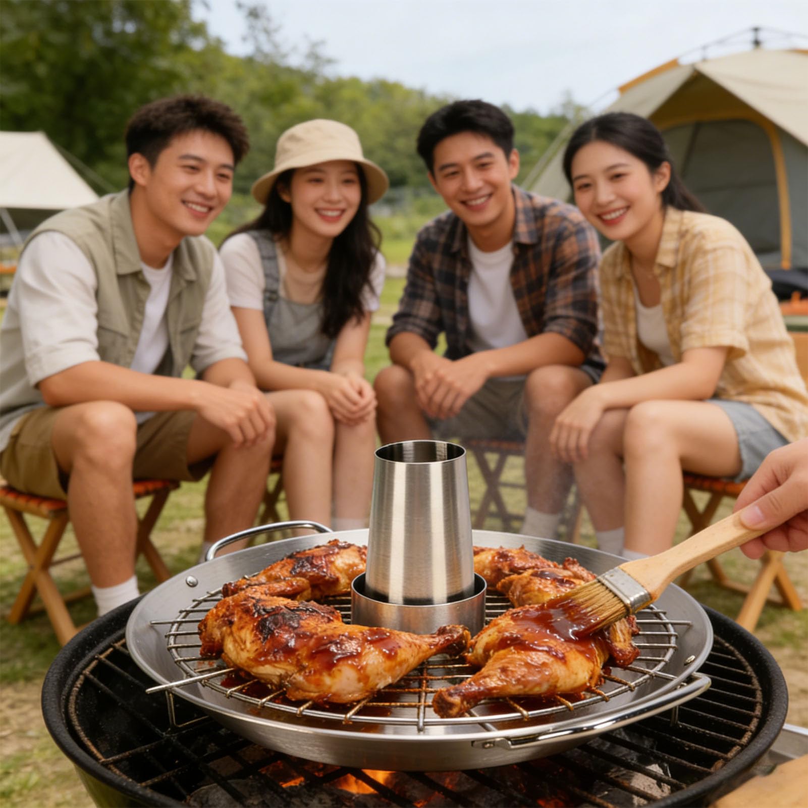 Socobeta Bandeja para Asar Pollo con Lata de Cerveza, Acero Inoxidable Duradero, Soporte Desmontable para Barbacoa Al Aire Libre, 1 Unidad