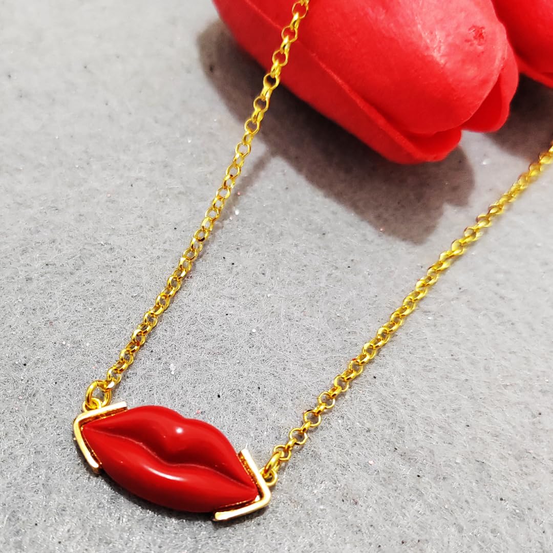 Collana labbra Bocca lolita pasta di corallo rosso naturale del Mediterraneo montatura in argento 925 dorato con catenina regolabile gioiello artigianale