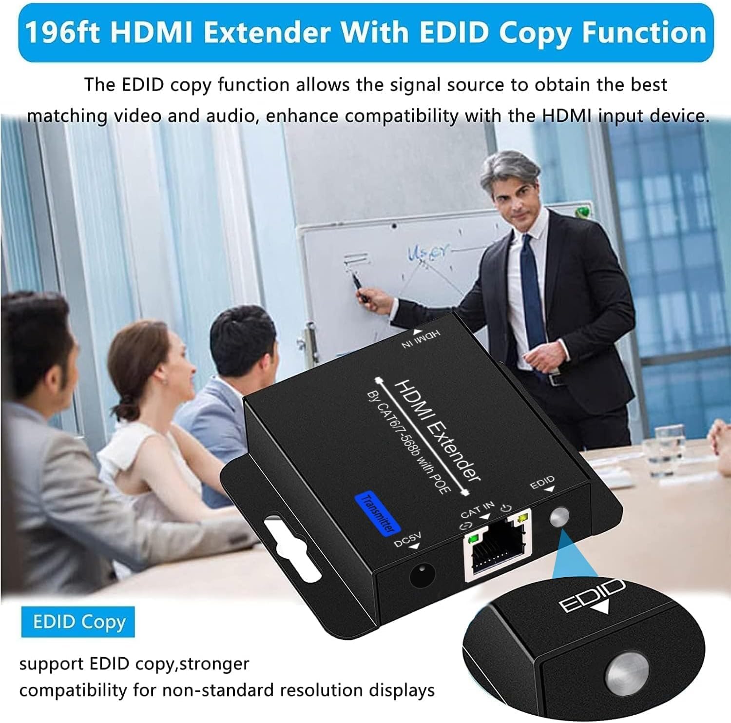61 m HDMI Extender Over CAT6 CAT7 RJ45 Ethernet a HDMI Converter LAN Extension POC Supporto 1080P 3D EDID Copia Deep Color Compatibile con PC PS4 Roku Unilateral Power Supply