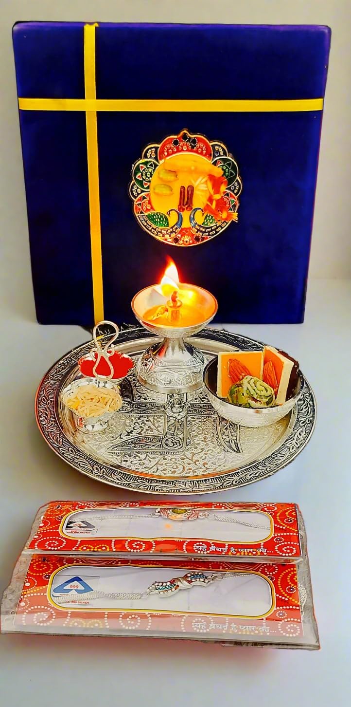 indiancraftsbykanika German Silver Pooja Thali Set for Rakhi Festival