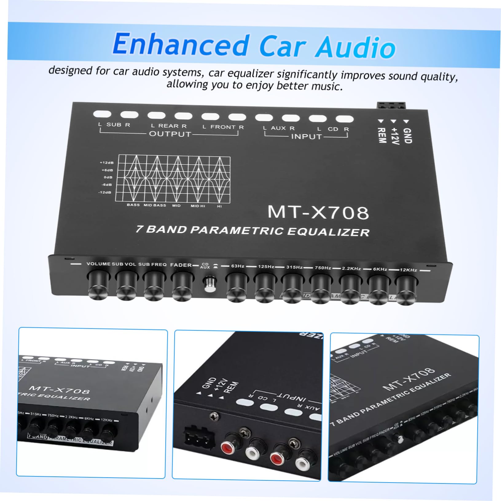 Ecualizador para Coche de Audio 7 Bandas, Metal Negro, Seis Canales