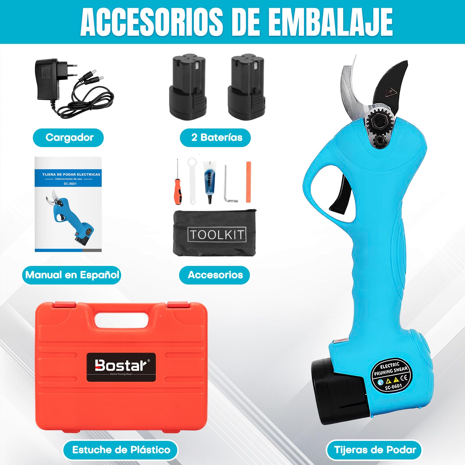 Bostar Tijera de Podar Electricas Cortador Eléctrico de Ramas Inalámbrica Profesional 16.8V Fuerte Hoja de Acero Dentro de 25MM para árboles Jardín (Azul)