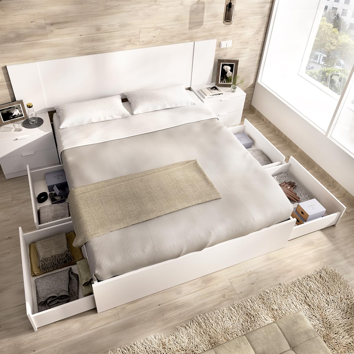 DEKIT Grupo RIMOBEL - Cabezal Cama len con 2 MESITAS Y Cama Alice 150CM con 4 CAJONES - 96x251x197cm