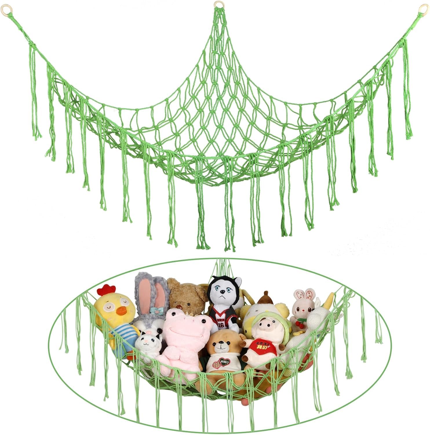 PARAH Boho Stuffed Animals Net or Hammock | 55 inch Toy Macrame Stuff Animal Storage Corner Hanging Holder Mesh Plush Nursery Organizer With Hooks For Bedroom (Large) (Light Green)-image-14