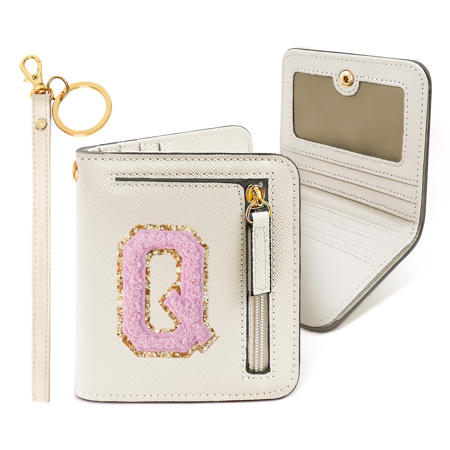 COSHAYSOO Personalized Wallet Gifts for Teen Girls Small Wallet RFID Bifold PU Leather Christmas Valentines Easter Mothers Fathers Day Nurse Appreciation Graduation Gifts Chenille Letter Q Cream