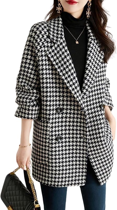 Womens Notched Lapel Pea Coat Double Breasted Blazer Jackets Houndstooth Woolen Blend Overcoat with Pockets