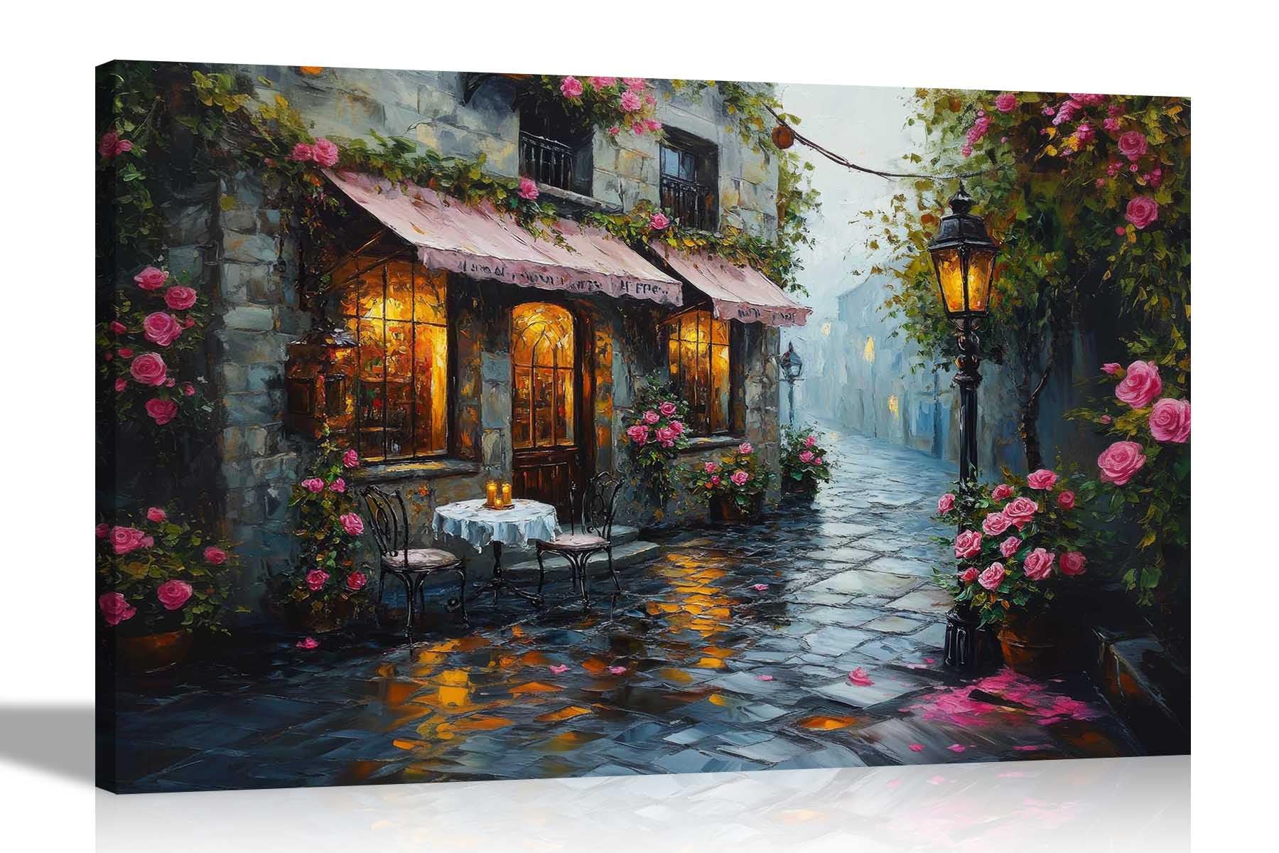 Artley Prints - Villiage Cafe Pink Roses Framed Canvas Pictures Wall Art Prints for Living Room Conservatory Hallway 76 x 50cm (30 x 20 inches)