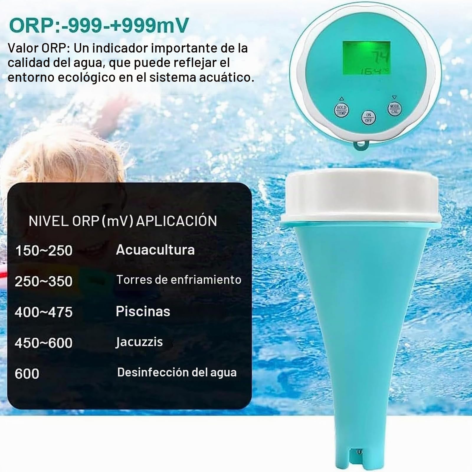 Comprobador de agua digital para piscina 6 en 1 con conexión a aplicación, medición profesional de PH, redox, cloro, EC y temperatura, detector de calidad del agua