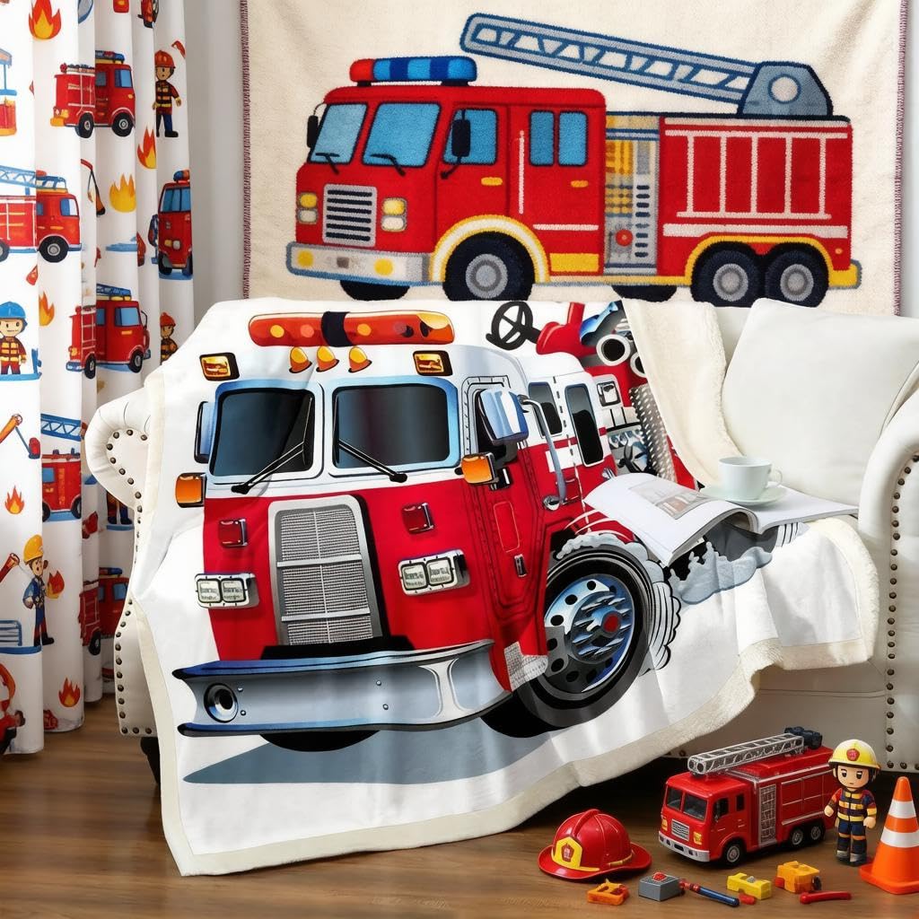 Boys Fire Truck Fleece Blanket Red Fire Engine Pattern Sherpa Throw Blanket for Sofa Couch Car Vehicle Print Warm Plush Blanket Reversible Fire Fighting Truck Fuzzy Blanket Room Decor Baby 30"x40" — image 1