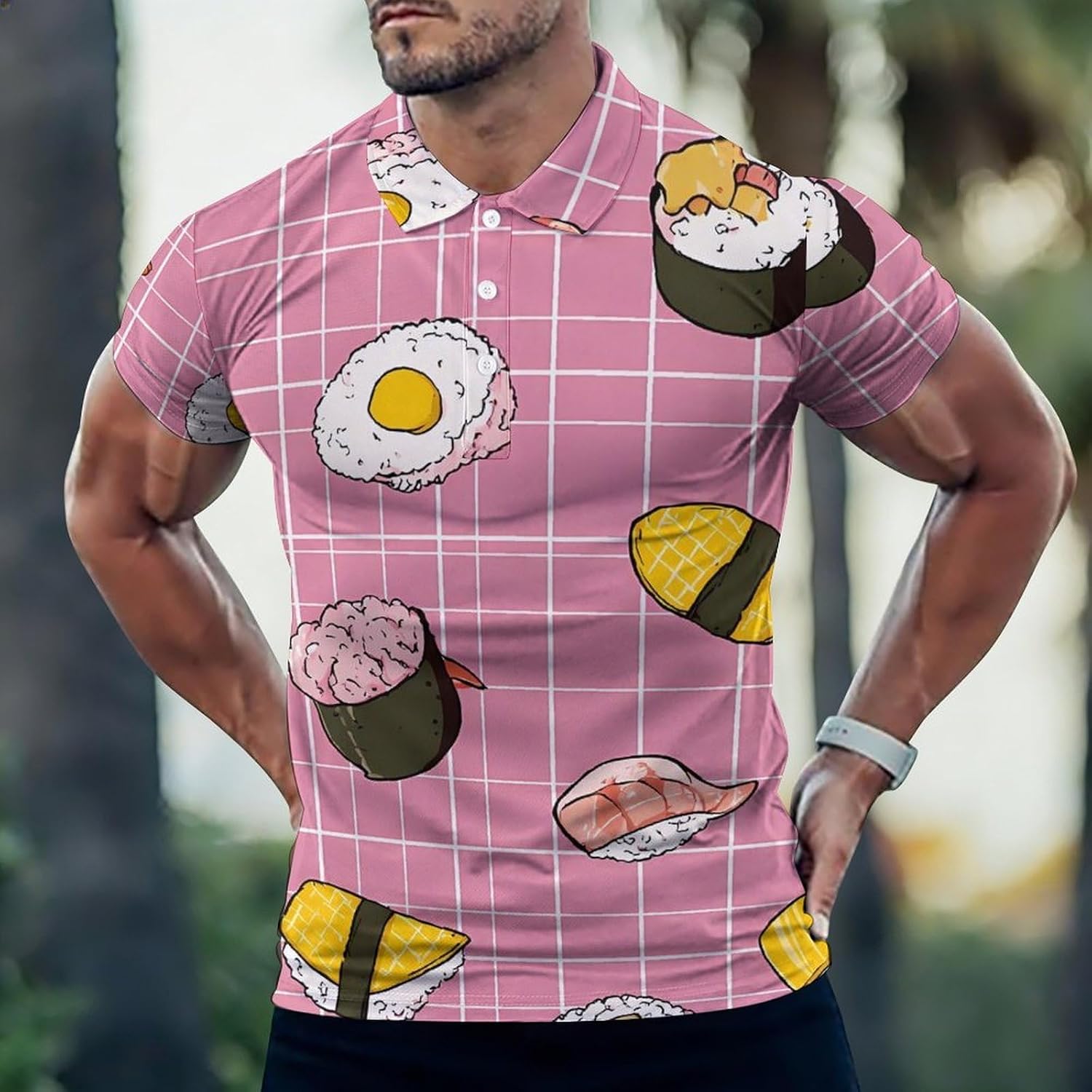 Sushi1 Shrimp Tuna Plaid Golf Polo Shirts for Men Casual T Shirts 5X-Large
