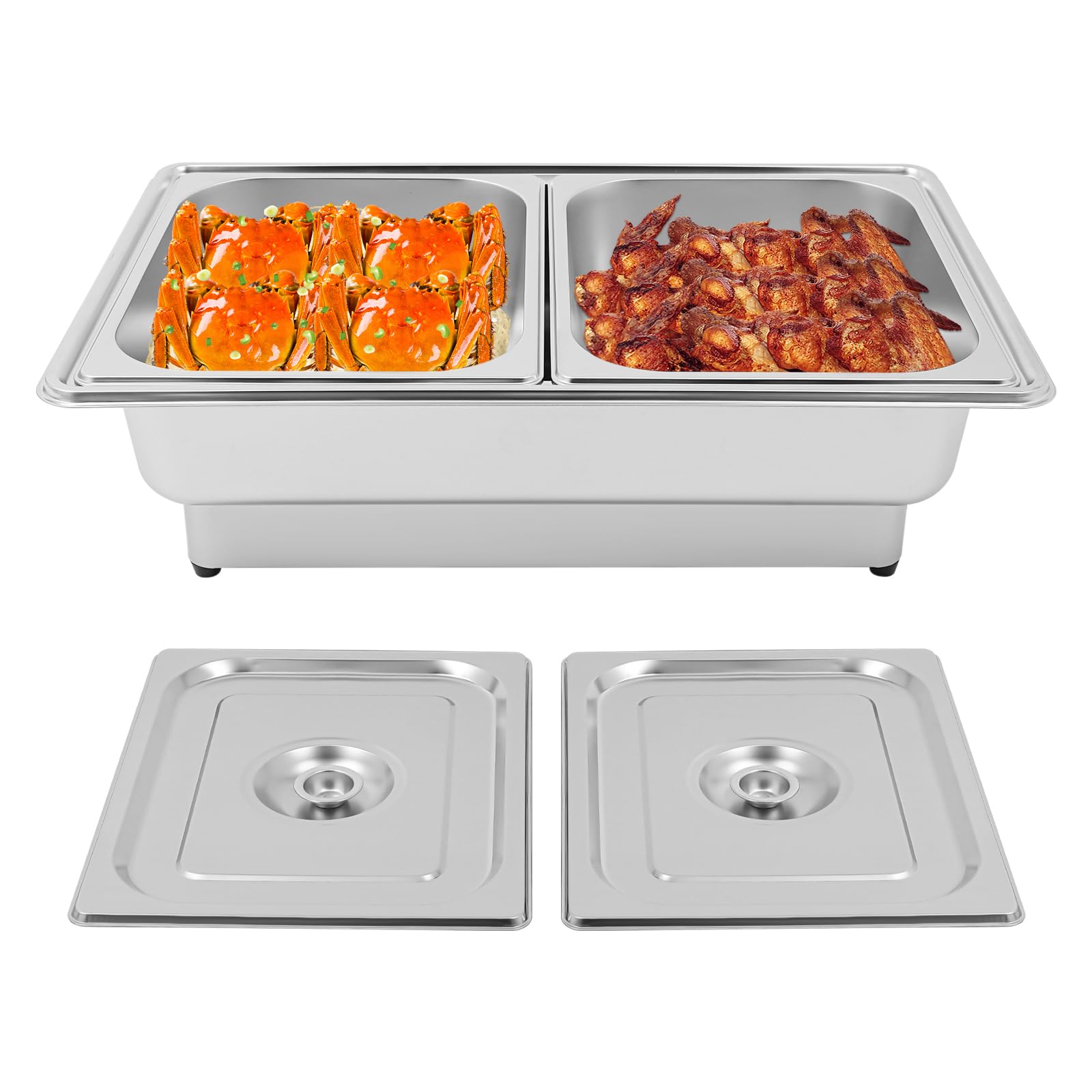 Elektryczna płyta grzewcza Chafing Dish 600 W, z 2 przegródkami ze stali nierdzewnej i pokrywką, 14 l, podgrzewacz do bufetu, regulowana temperatura (35-80°C), pojemnik do podgrzewania żywności