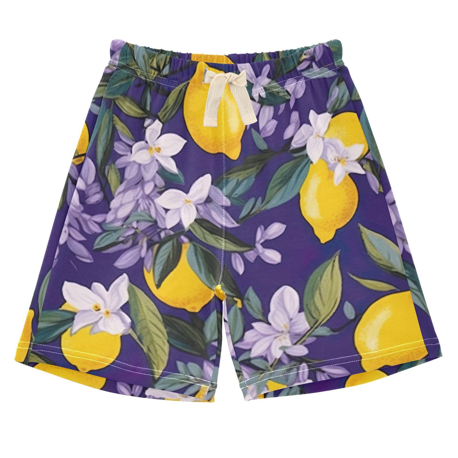 innewgogo Lemon Purple Flowers Toddler Baby Boy Girl Cotton Pull-On Shorts Elastic Waist Kids Pants Summer Beach Shorts 3T