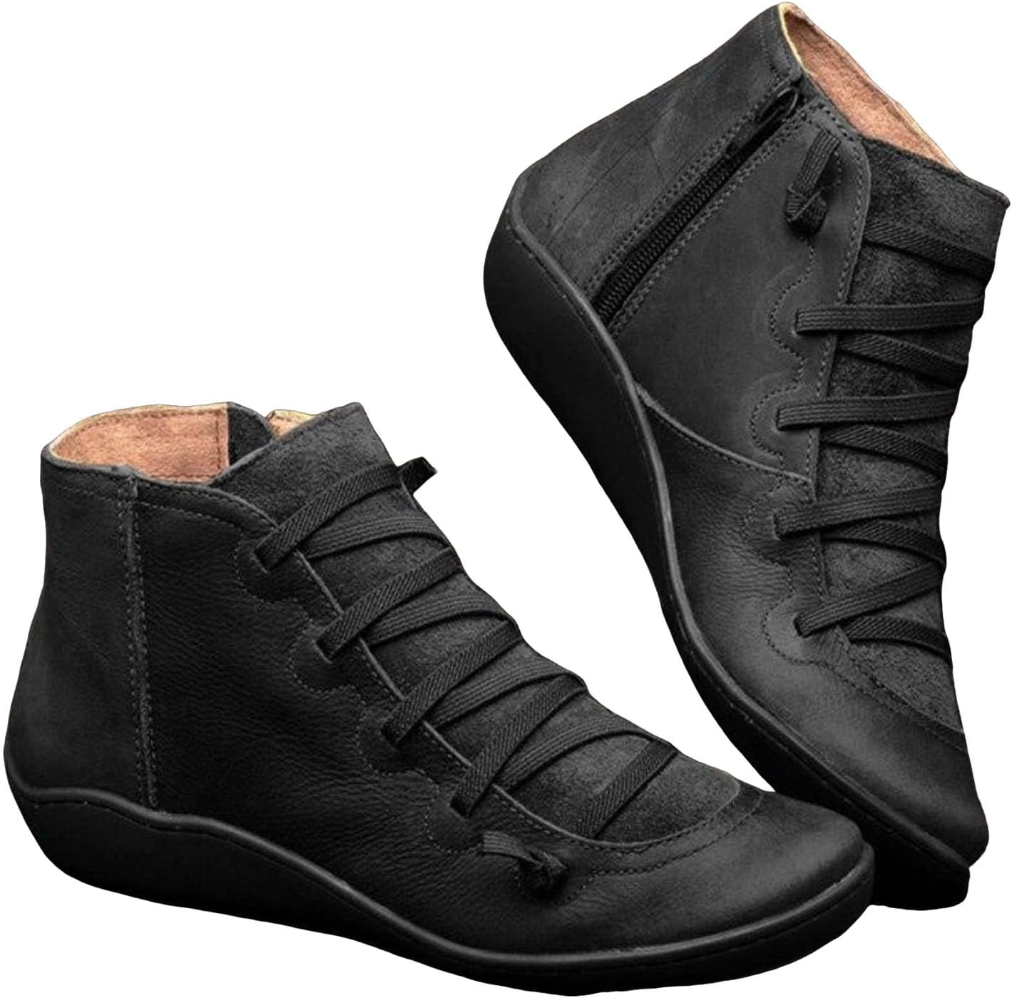 Ankle Boots for Women Low Heel, Womens 2025 Arch Support Ankle Booties Fashion No Heel Lace Up Side Zipper Vintage Retro Short Boots Wide Width Ankle Boots Fall Comfortable Walking Flat Shoes