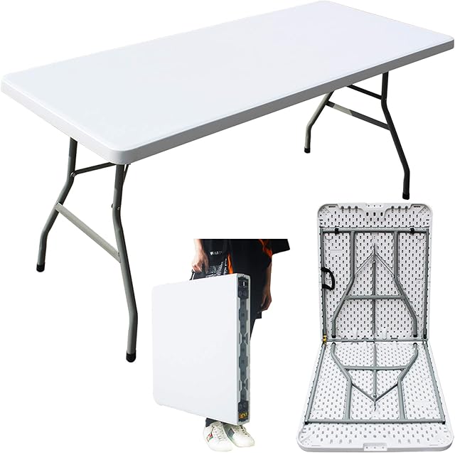 6ft Folding Table Plastic Heavy Duty Trestle for Garden Patio BBQ Picnic Party Dining Camping Catering Market White with Carrying Handle