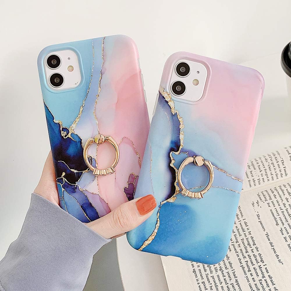 Case for iPhone 11 6.1 inch,Sparkle Marble Design Slim Cases Bumper Built-in 360° Rotatable Ring Holder Kickstand Soft TPU Rubber Silicone Case Cover for iPhone 11 6.1 inch 2019 (Dark Blue Marble)