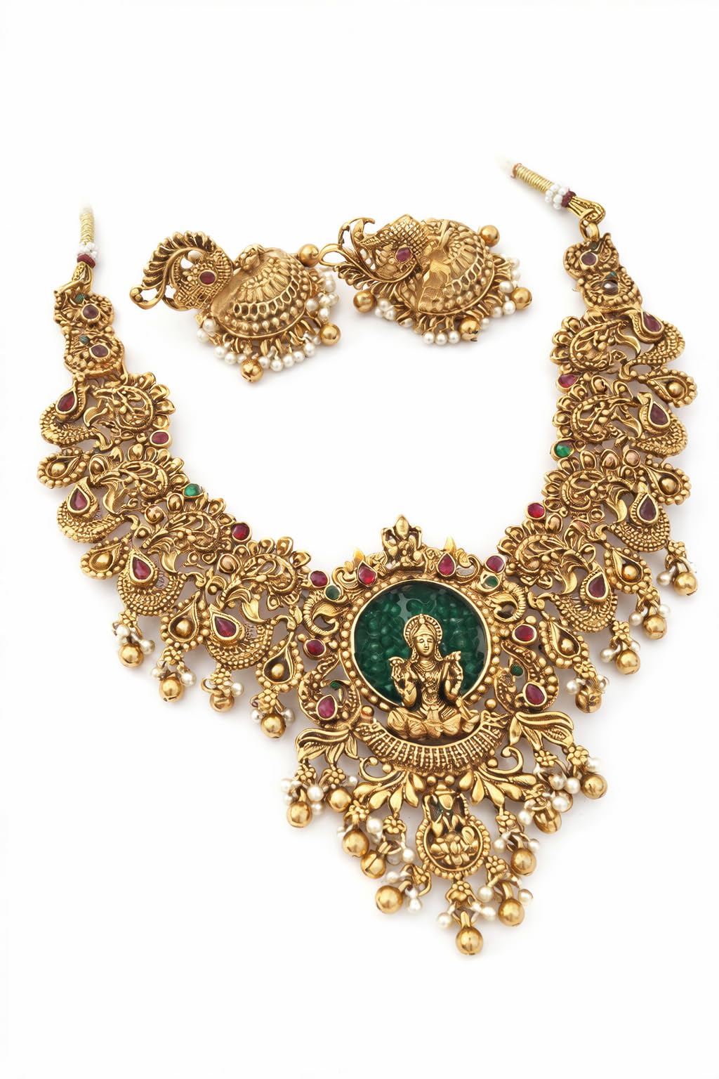 Antique Matte Gold Plated Temple Jewelry Pendant Set | Goddess Lakshmi in Mantap Design with Chain & Jhumka Earrings | Ruby Red & Emerald Green Stones | Traditional Ethnic Wear for Women-image-48