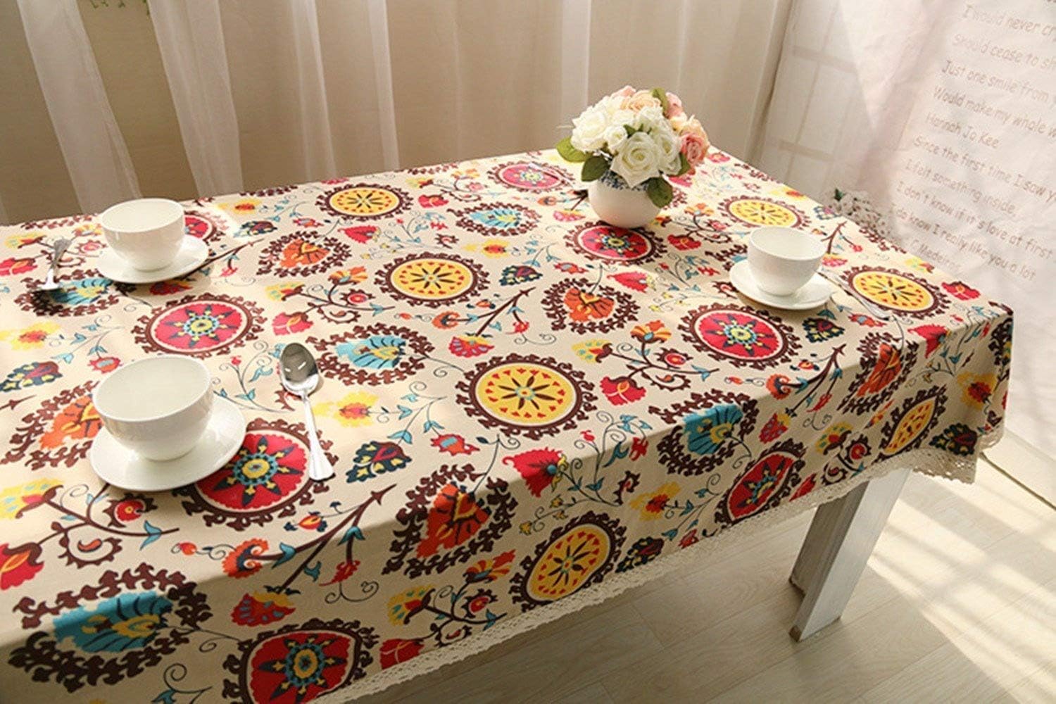 HOOYE Bohemian Style Rectangle Tablecloth Linen Lace Table Cloth for Dinner Parties Table Cover (39X55 inch, Bohemian Style)