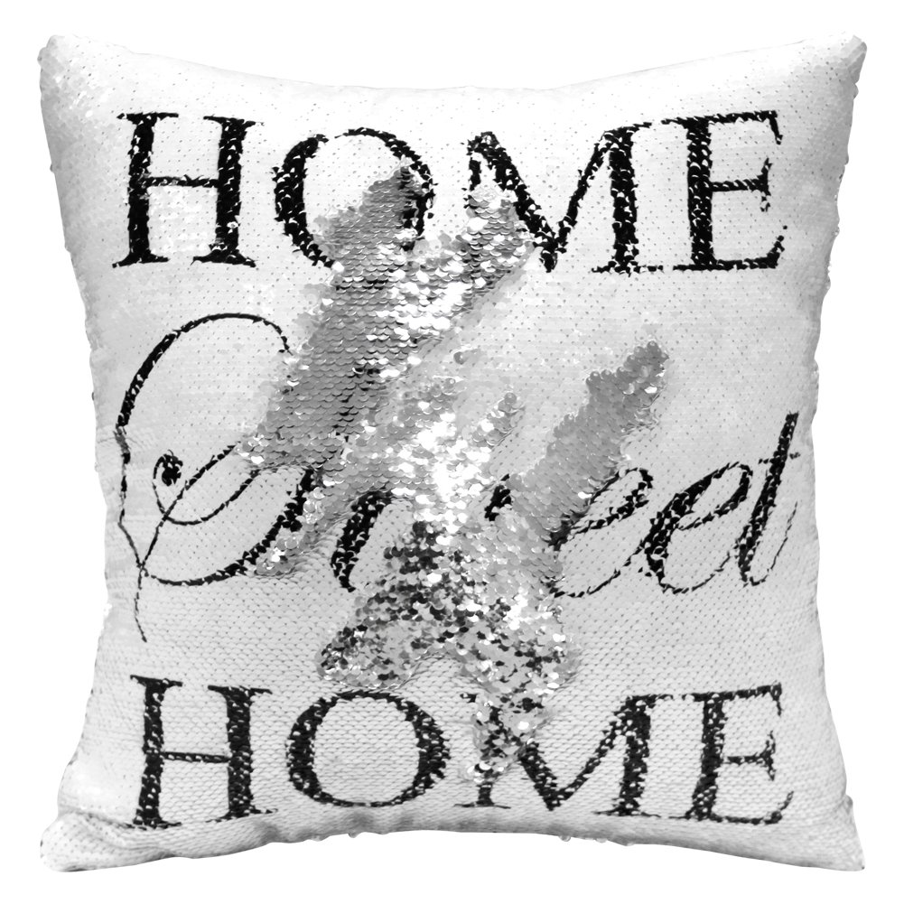 Play Tailor Mermaid Sequin Pillow Case Flip Sequin Pillow Cover Sweet Home Throw Cushion Cover 16"x16" (Silver and White with Home)