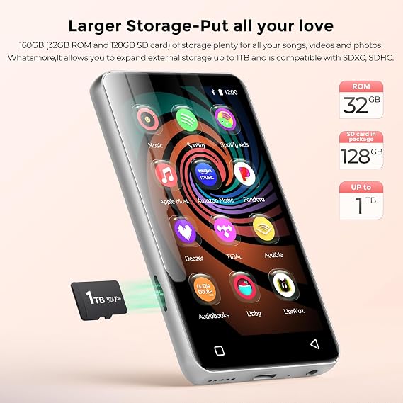 160 GB MP3 Player with Bluetooth and WiFi innioasis Music Player with Spotify Amazon Music 4 Inch Touchscreen Android MP4 MP3 Player for Children Audible Spotify Children Silver-White