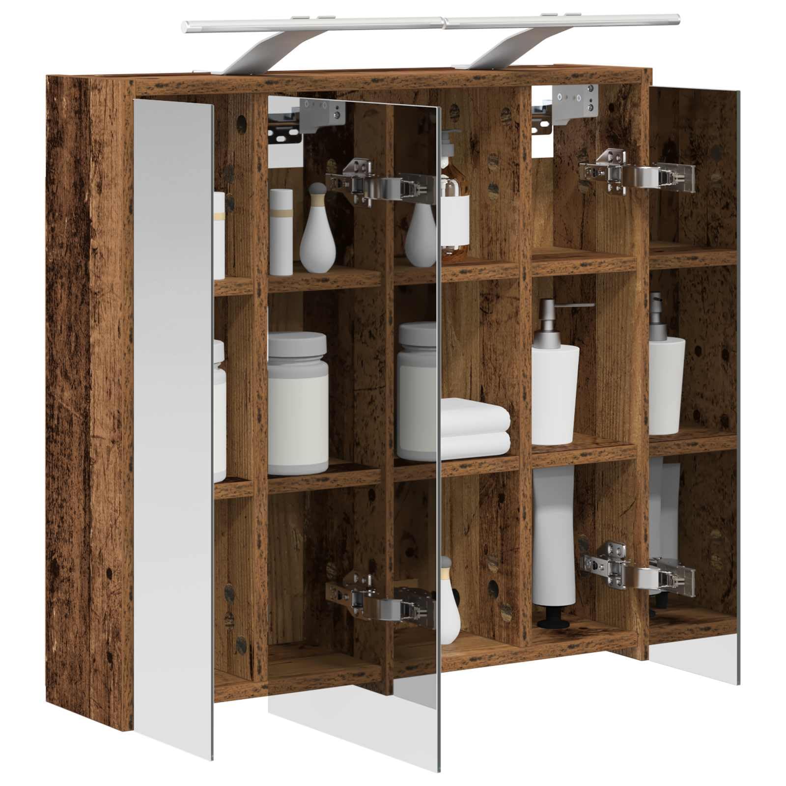 Szafka łazienkowa z lustrem stare drewno, 63,5 x 16 x 62,5 cm, materiał drewnopochodny z paskami LED, regulowane regały, montowane na ścianie, miejsce do przechowywania, dwustronne lustro do