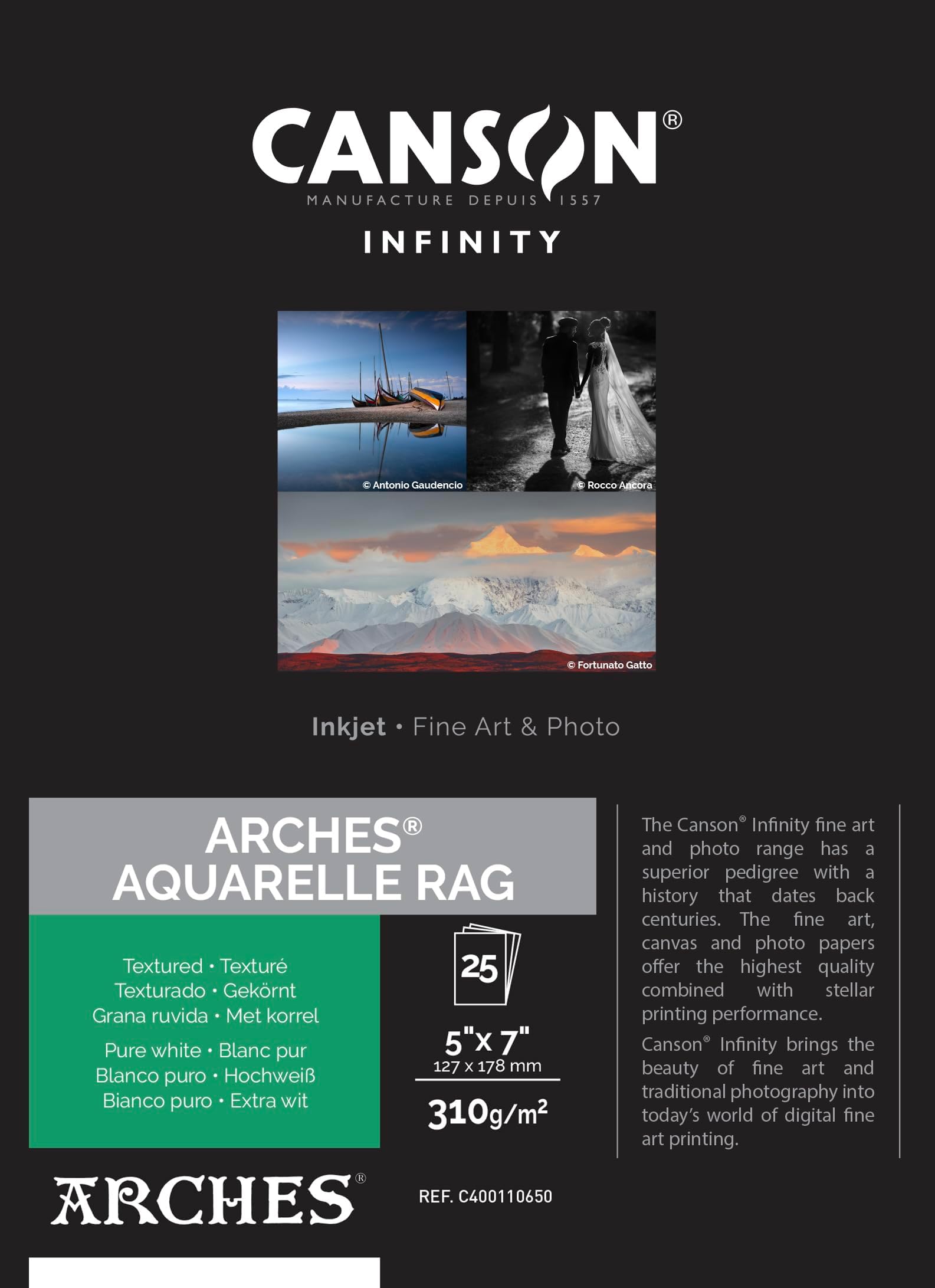 Infinity Arches® Aquarelle Rag Watercolor Textured Matte Inkjet Paper, 310gsm, 5" x 7", 25 Sheets