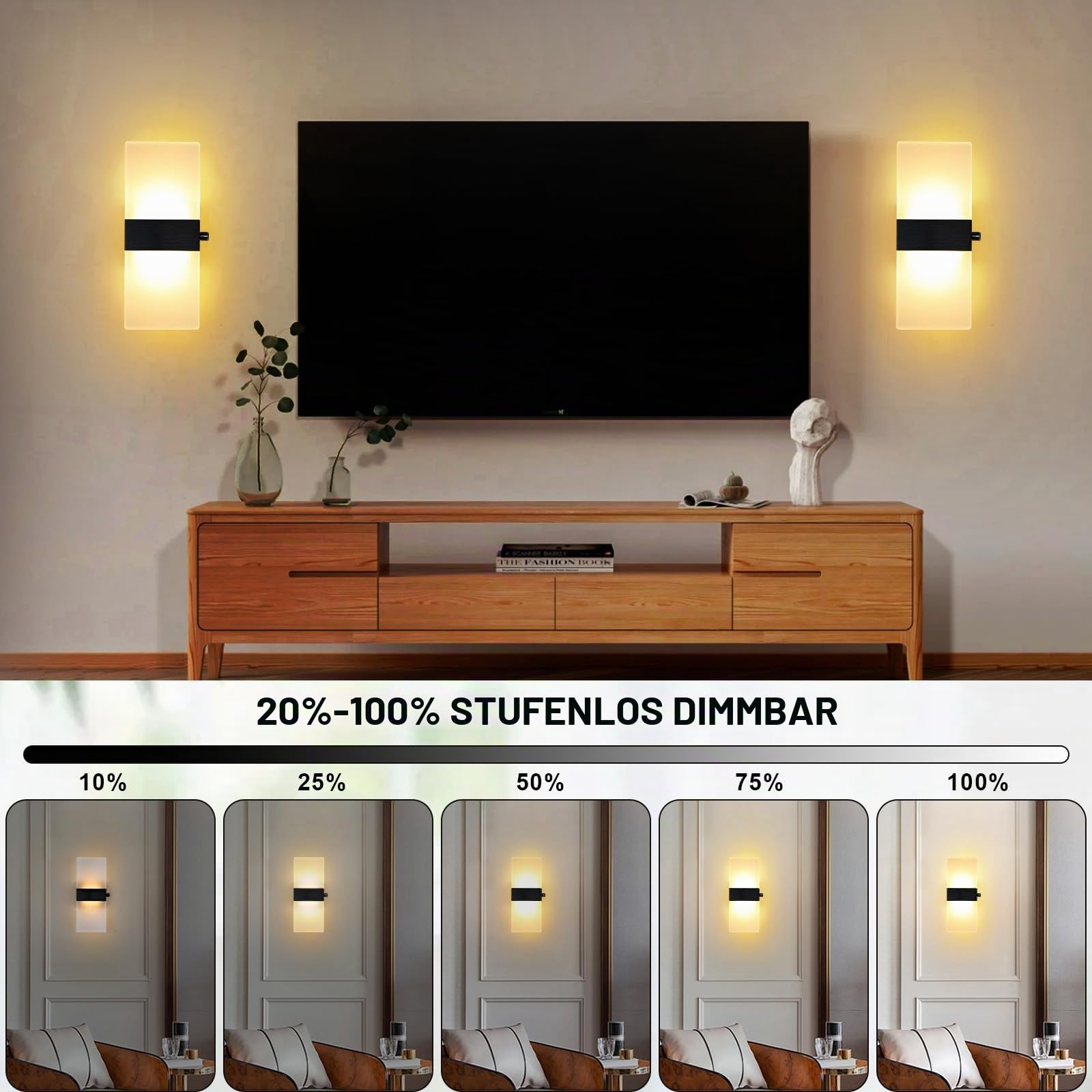 2 Stück Wandlampe mit Schalter Dimmbar Wandleuchte Innen Acryl | 12W 3000K LED Wandleuchte Für Treppenhaus Flurlampe Wand Wandlampe Schlafzimmer, 29CM, Warmweiß, Schwarz