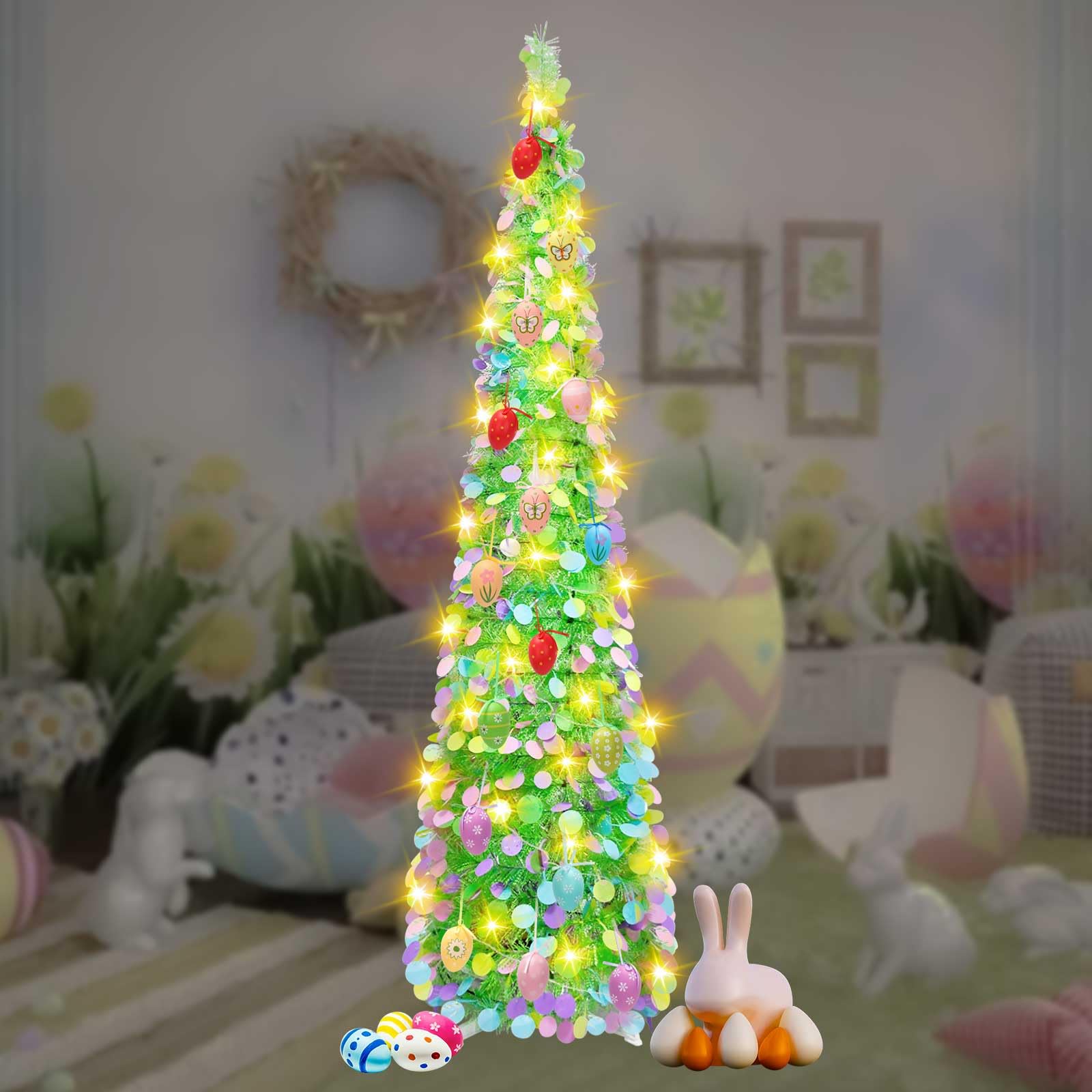Ruaizel Pop Up Easter Tree, Collapsible Artificial Easter Tree with Lights for Xmas Holiday Party Carnival Decorations