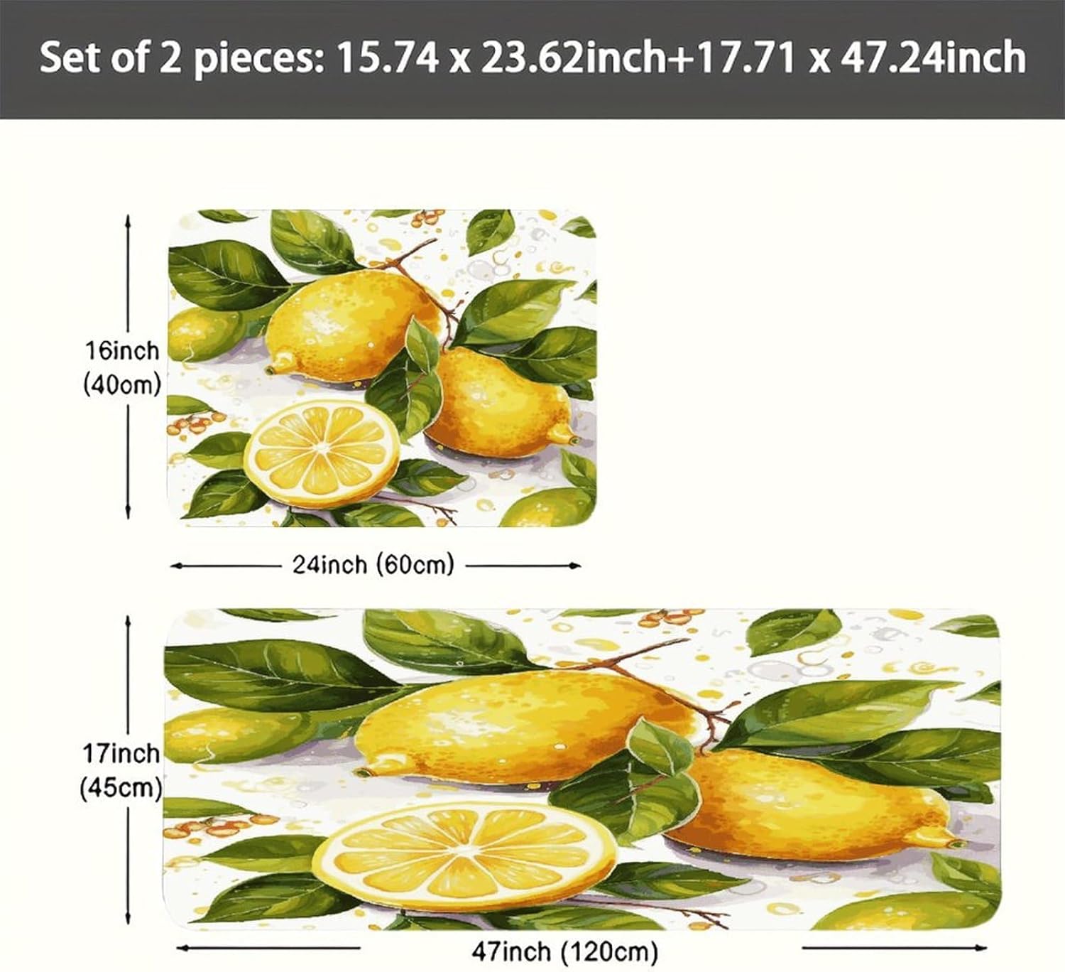 Fruits Lemon Kitchen Mats with 2PCS Non-Slip Washable,Kitchen Rug Heavy Duty Durable, Floor Mats for Kitchen,Office,Sink,Laundry