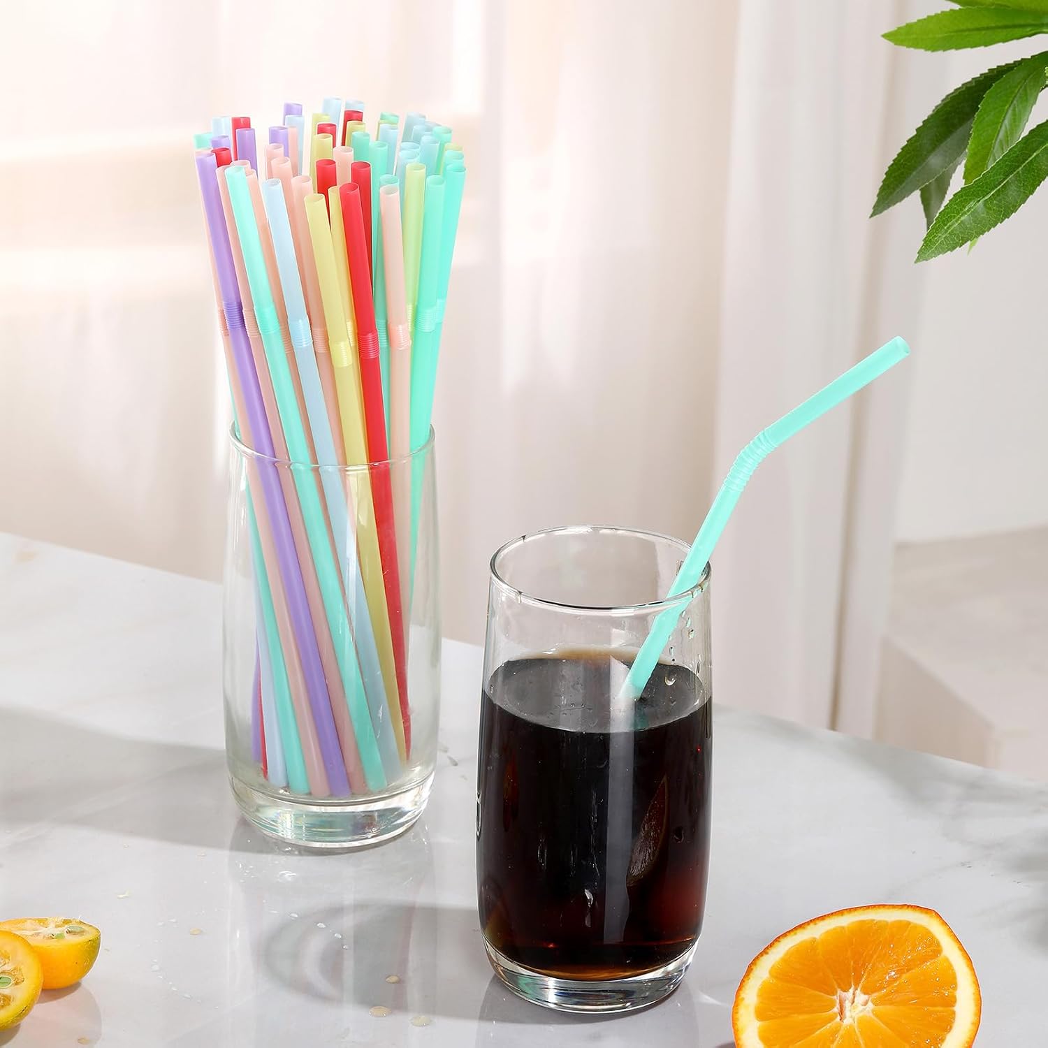 YAOSHENG 200pcs Blue Straw 8.28" x 0.23"Solid Colors Flexible Drinking Straws, Plastic Disposable Bendy Straws (blue)