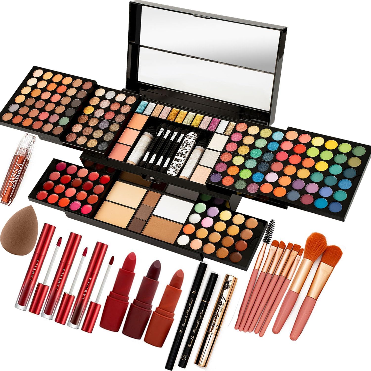 MISS ROSE M 187 Colors Professional Makeup Palette - All-in-One Kit With Eye Shadows, Lipsticks, Mascara, Foundations, Blushes, Brow Pencils, Nail File - Makeup Gift Set for Women and Girls
