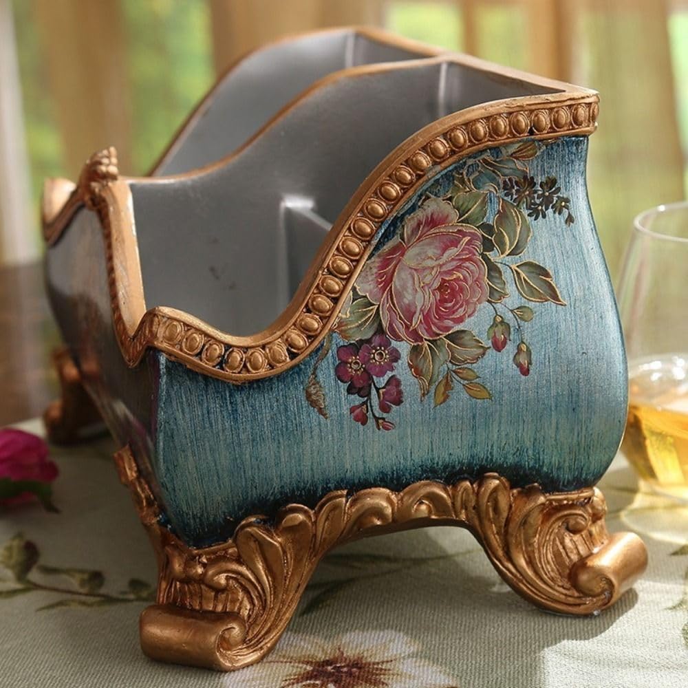 Remote Control Box Retro Creative 3 Compartment Desktop Organizer Multi-functional Flower Pattern European Style Storage Box Desktop(Beige)