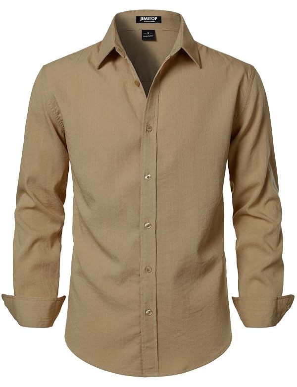 JEMITOP Men's Stretch Linen Like Long Sleeve Dress Shirt Khaki XL by JEMITOP - Used condition - Image 2