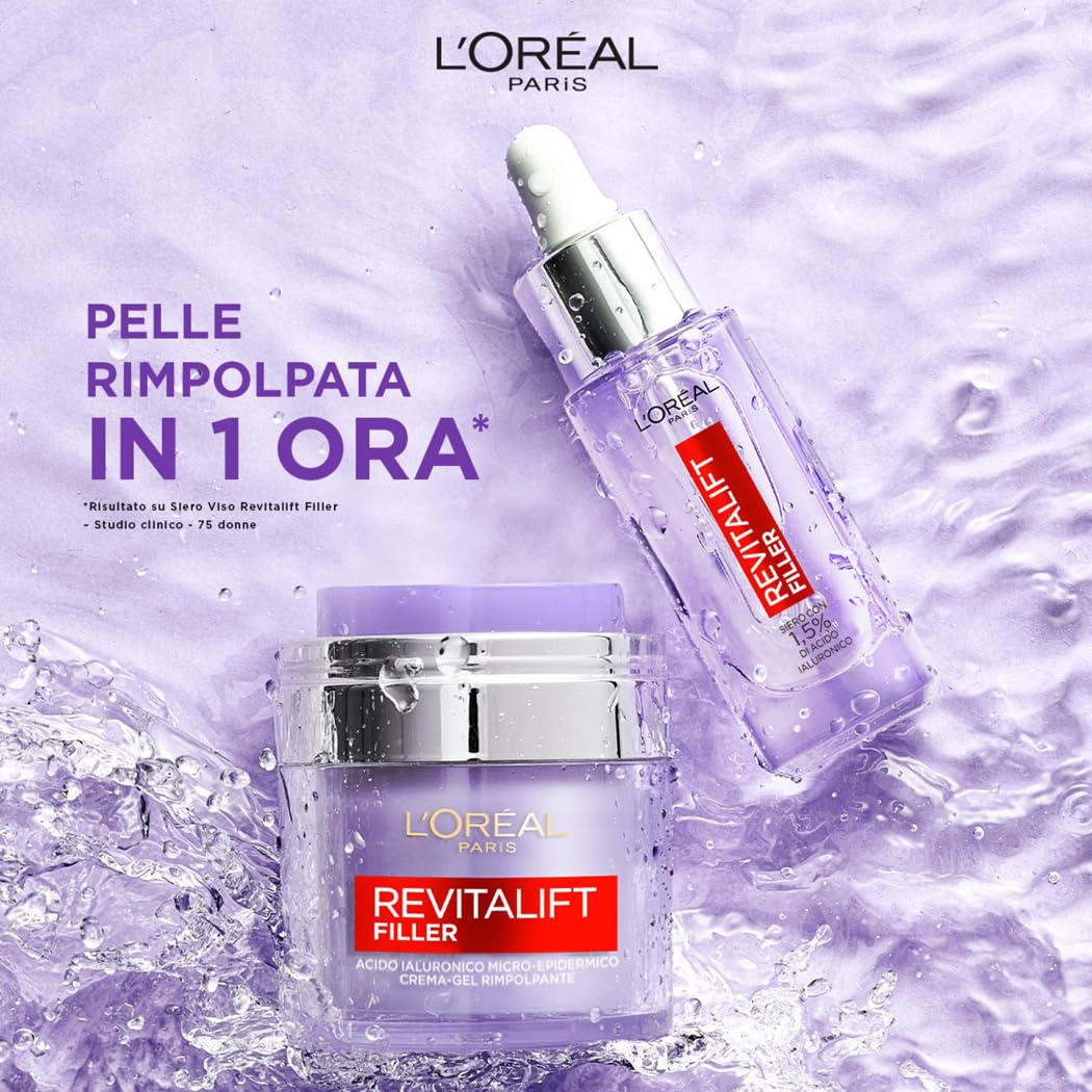 L'Oréal Paris Routine Rimpolpante e Anti-rughe, Con Siero Viso e Crema-Gel, Pelle Idratata più a Lungo, Rughe Ridotte, Con Acido Ialuronico, Revitalift Filler