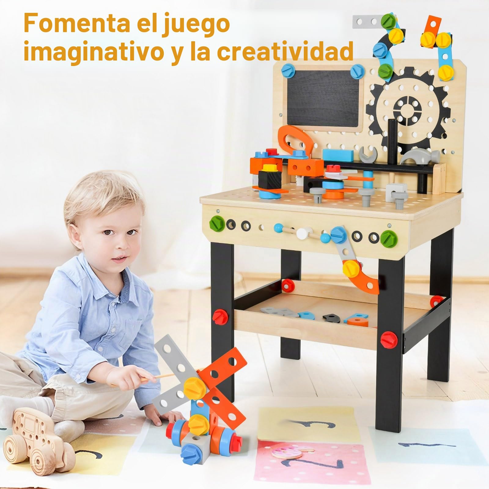 RELAX4LIFE Banco de trabajo para niños, banco de herramientas de madera con pizarra, 6 herramientas y 75 accesorios para juguetes, mini-trabajadores, niños 3+ años