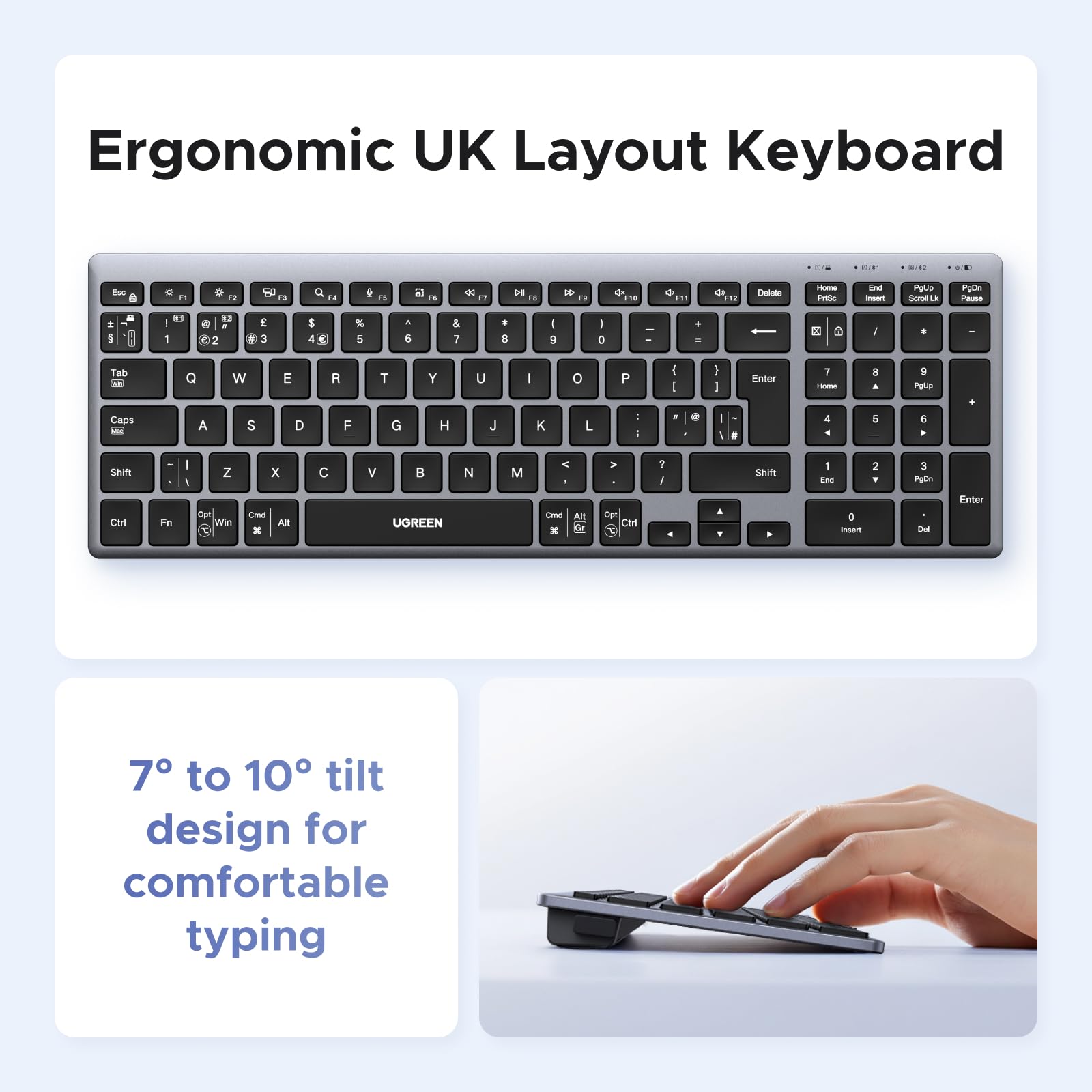 UGREEN Wireless Keyboard, Bluetooth Keyboard with UK Layout, Mini and Rechargeable Ergonomic Keyboard, BT5.4 &2.4GHz Dual Modes, Connect 3 Devices, for ipad/PC/Tablet, Windows/macOS/Android/Linux,etc. — view 6