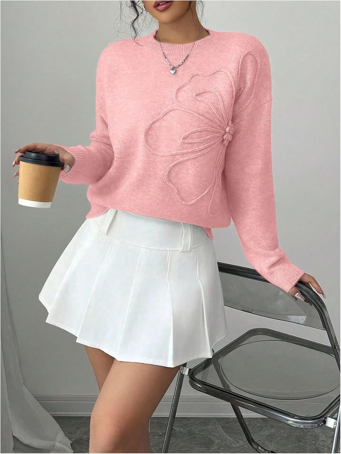 Women's 3D Floral Appliques Crewneck Sweaters Long Sleeve Drop Shoulder Pullovers Elegant Knit Tops - Image 5