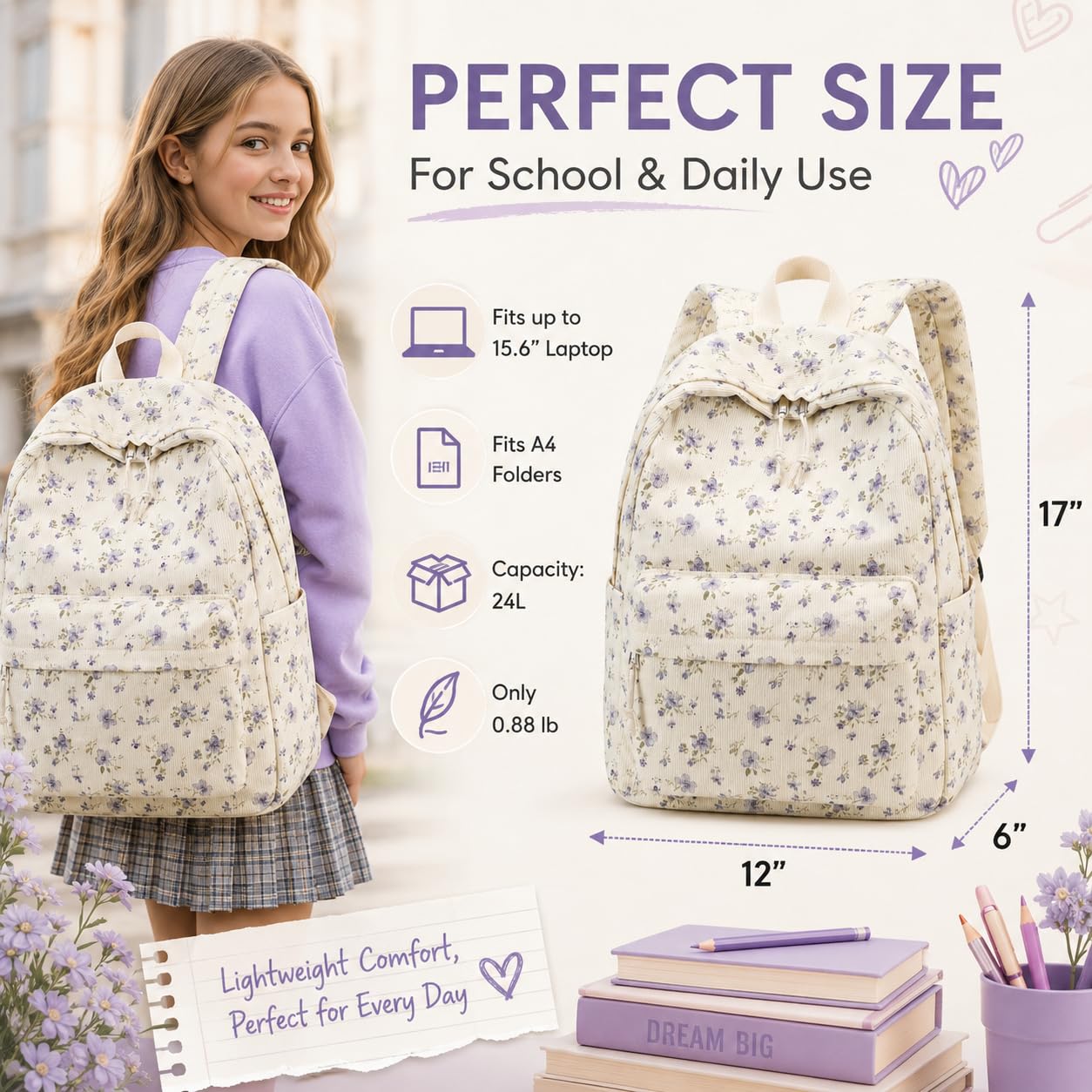 BTOOP Schulrucksack für Teenager, groß, aus Kord, Büchertasche, leicht, für Mädchen und Jungen, leger, High School College Rucksäcke, Grace Purple Flower, Medium, Tagesrucksäcke