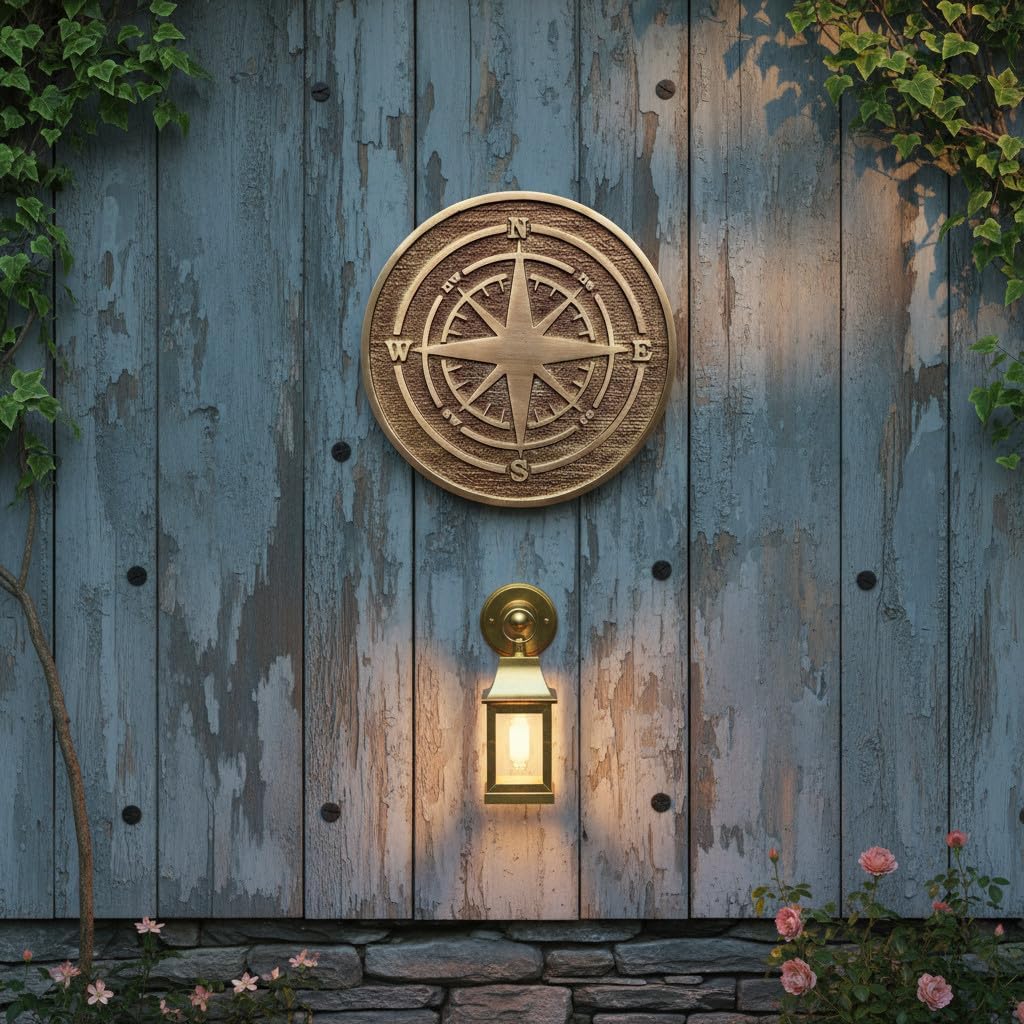 Plaque Premium Solid Brass Compass Rose Wall Antique Nautical Navigation Design – Engraved Compass Directions N S E W – Rustic Vintage Decorative Plate for Home, Office, Outdoor, Gift (8" inches)