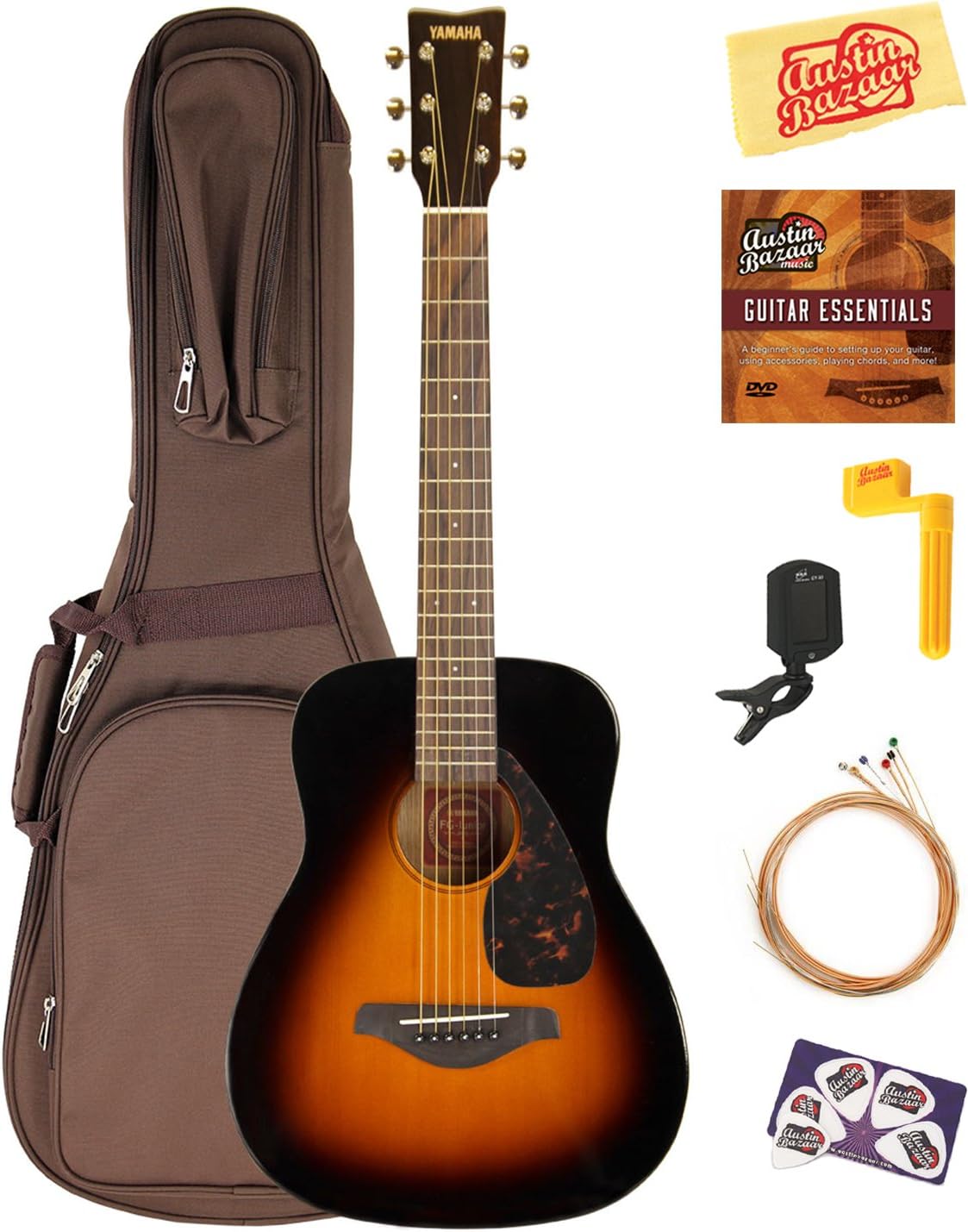 Yamaha JR2S Junior-Size 33-Inch Solid Spruce Top Acoustic Guitar - Tobacco Sunburst Bundle with Gig Bag, Tuner, Strings, String Winder, Picks, Austin Bazaar Instructional DVD, and Polishing Cloth