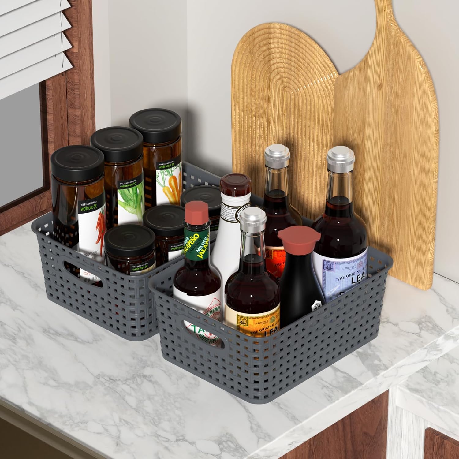12 Packs Plastic Weave Storage Baskets, Plastic Small Shelf Baskets for Cabinet and Pantry