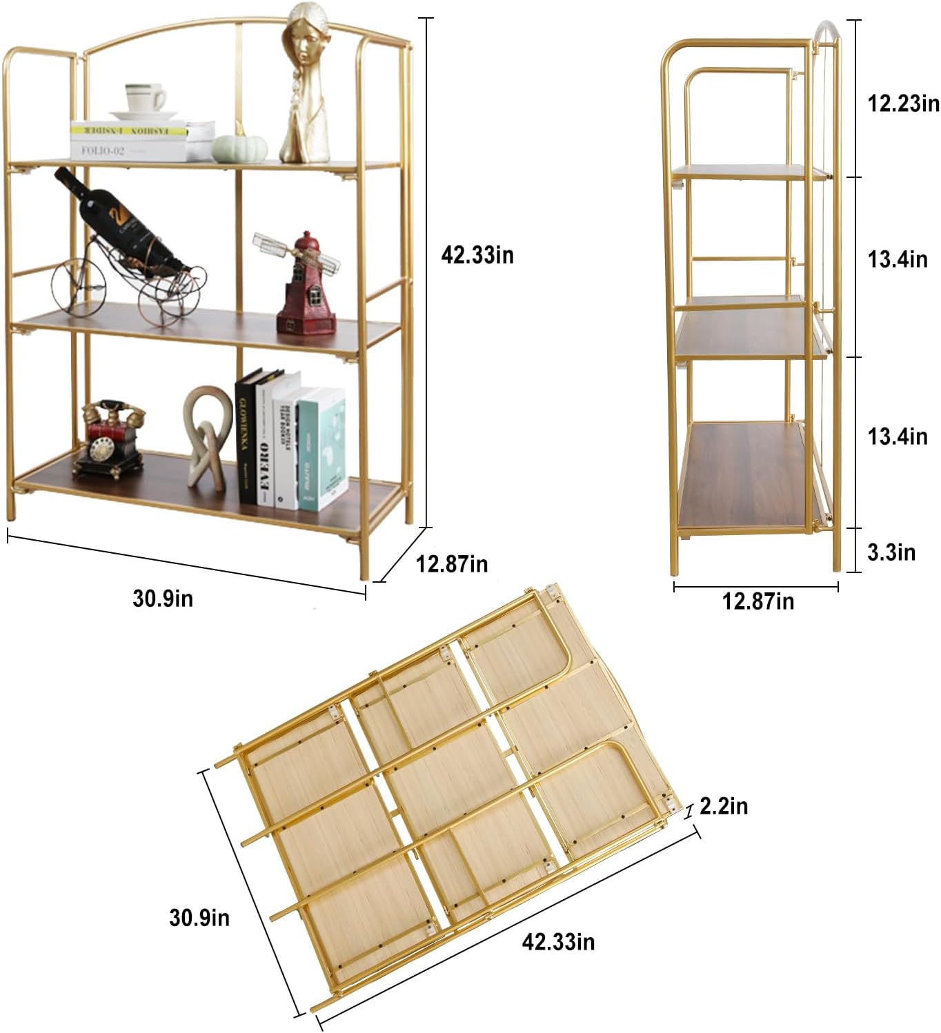 Crofy No Assembly Folding Bookshelf for Living Room, 3 Tier Gold Collapsible Book Shelf for Home Office, Portable Bookcase Storage Organizer - Image 3
